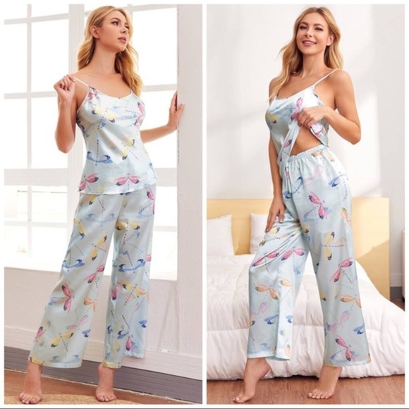 New Blue Satin Silk-Like Cami Pajama Set - Picture 2 of 4